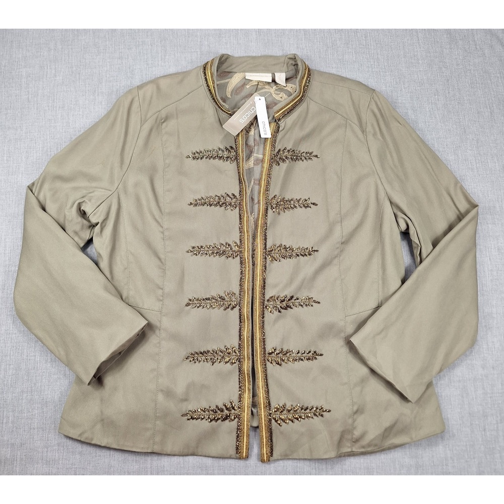 Chicos Beaded Military Jacket Khaki Tan Gold Embroidered Open Front Size 2 L